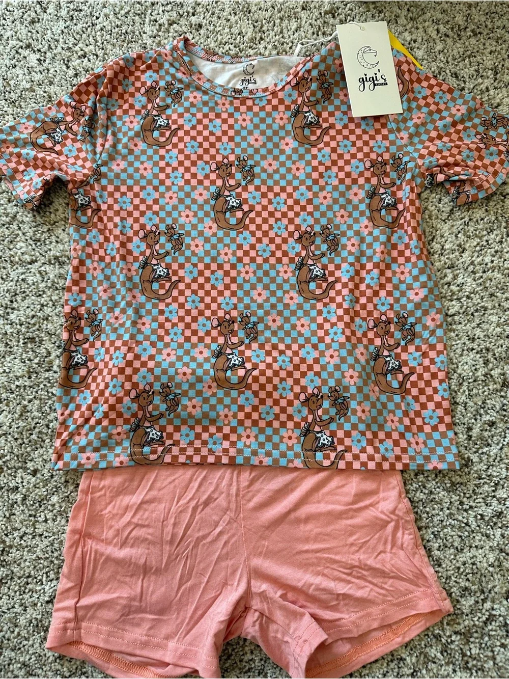 Gigi's Kids Pink Checkered Kangaroo Bamboo Short Set or Pajama Set